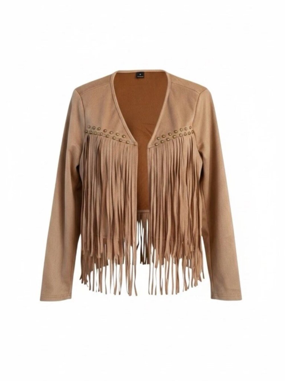 New Women's Khaki Fringe Trim Open Front Jacket Sz M - Picture 2 of 3